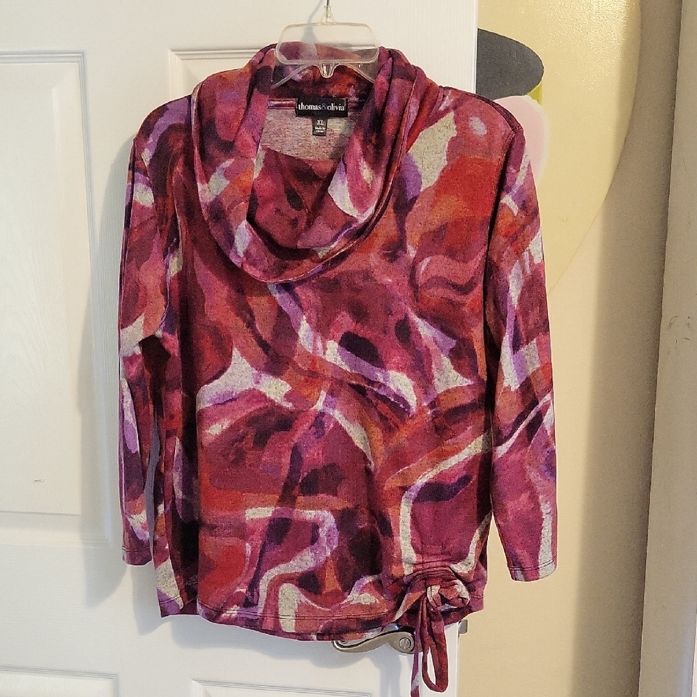 Thomas & Olivia SzXL Women's Cowl Neck Sweater in Red and Purple with tie detail